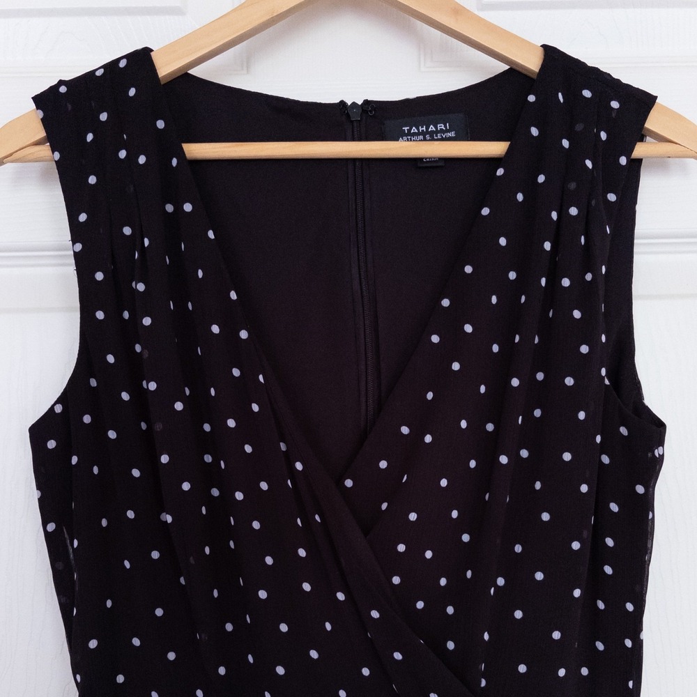 Tahari Dress Women 4 Black Polka Dot Chiffon Faux Wrap Ruffle Sleeveless V-Neck - Picture 3 of 9